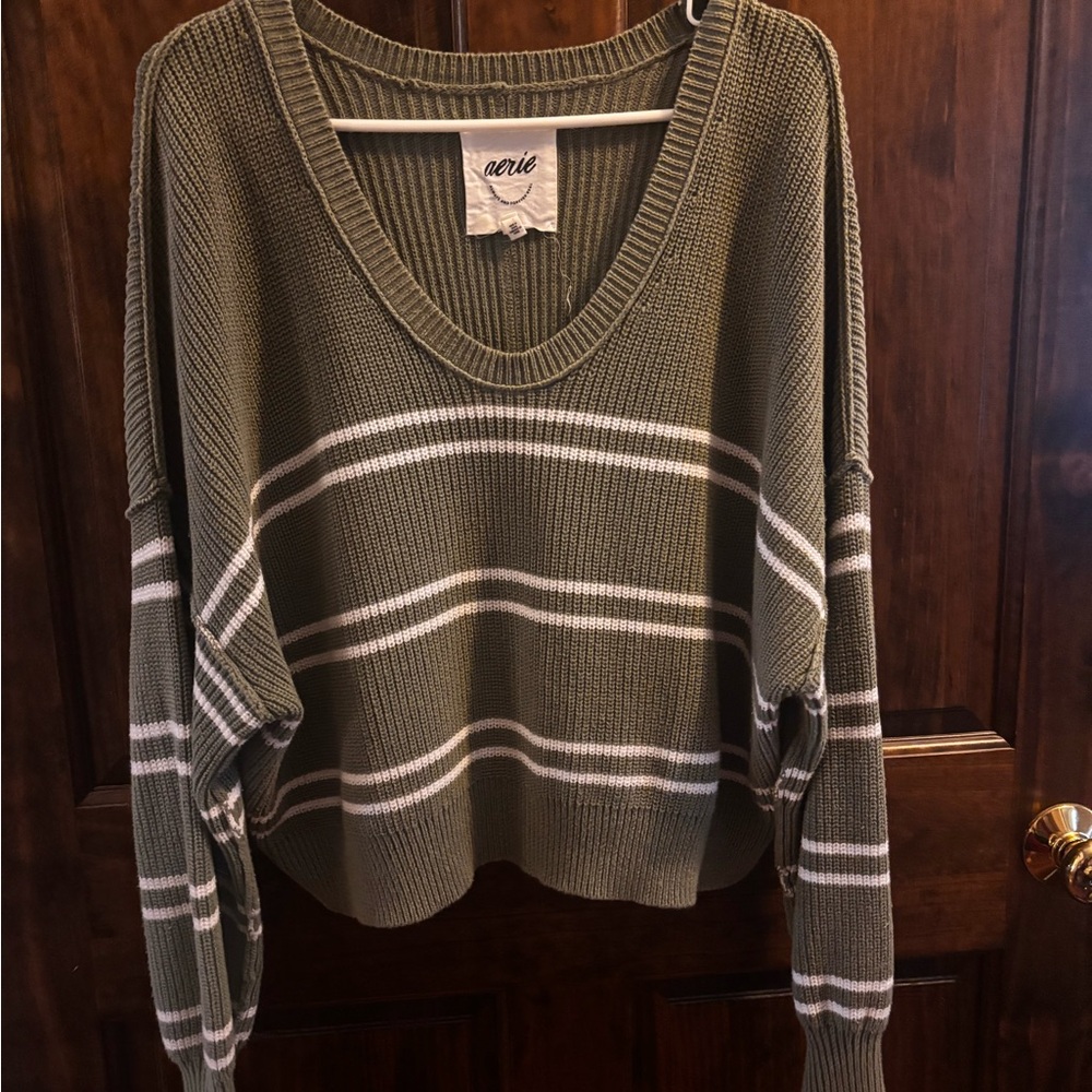 Aerie Green and White V-Neck Sweater